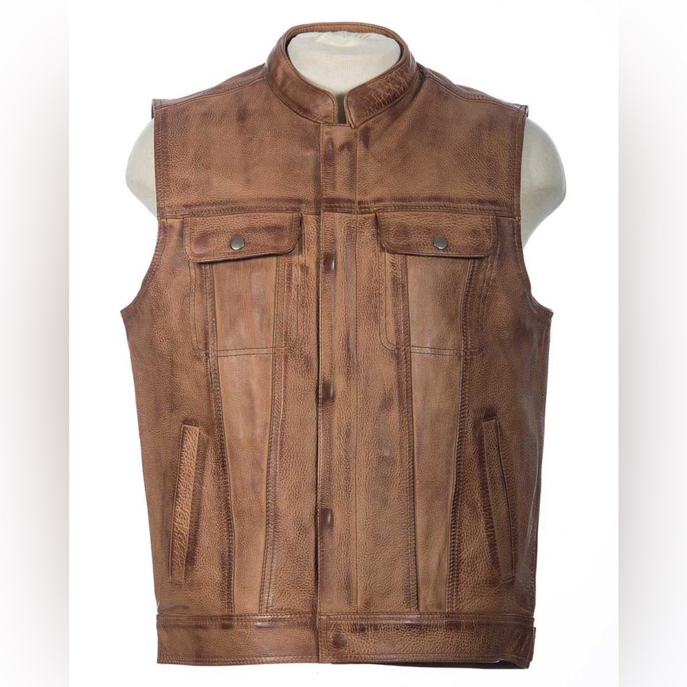 HUNT CLUB STYLE MEN'S MOTORCYCLE DISTRESSED BROWN CONCEALED CARRY LEATHER VEST
